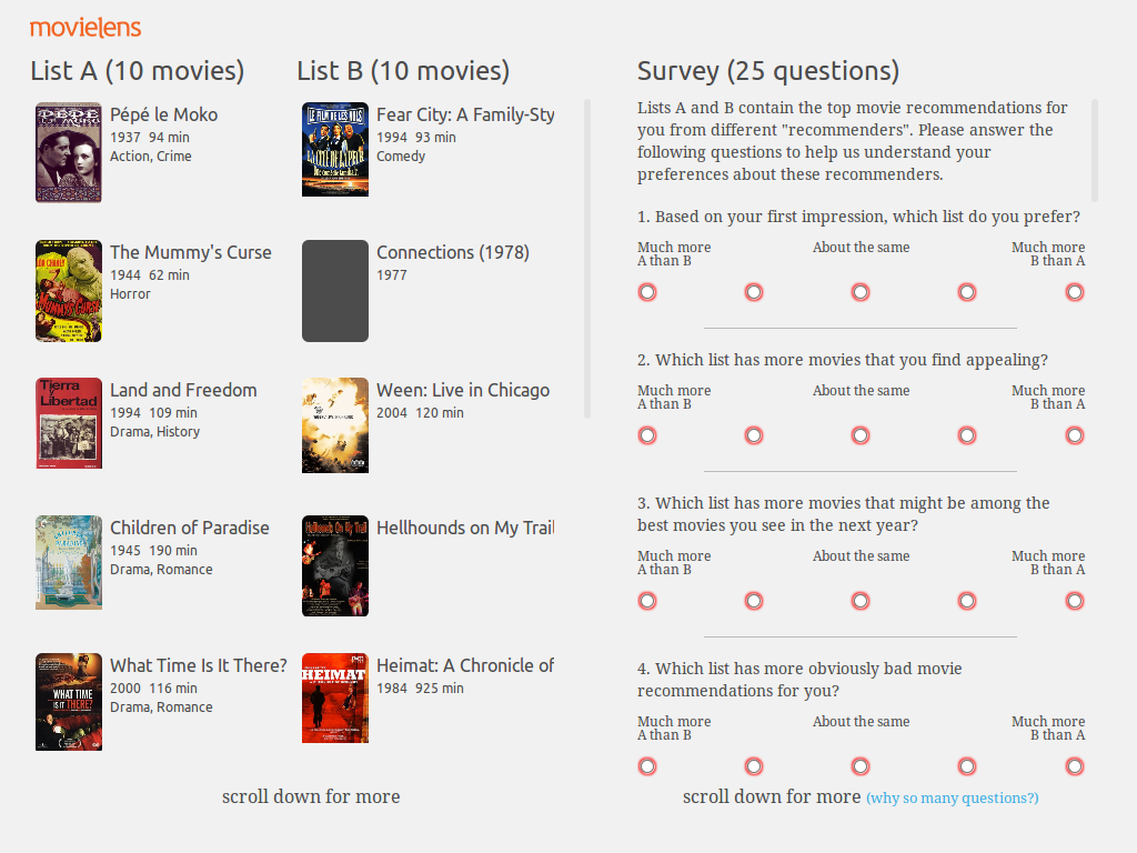 The experiment interface, consisting of two columns of movies (labeled List A and List B)
          and a questionairre.